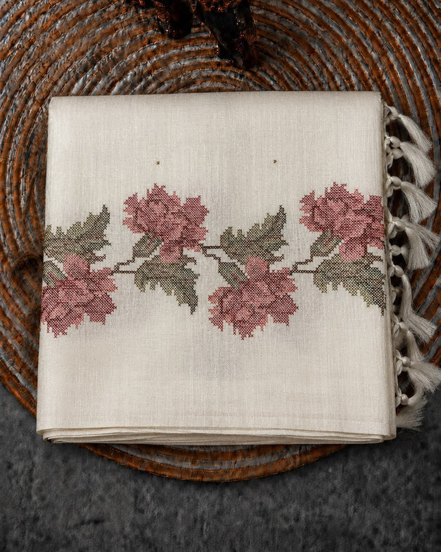 Jute Tusser Silk Saree With Cross Stich Work - White
