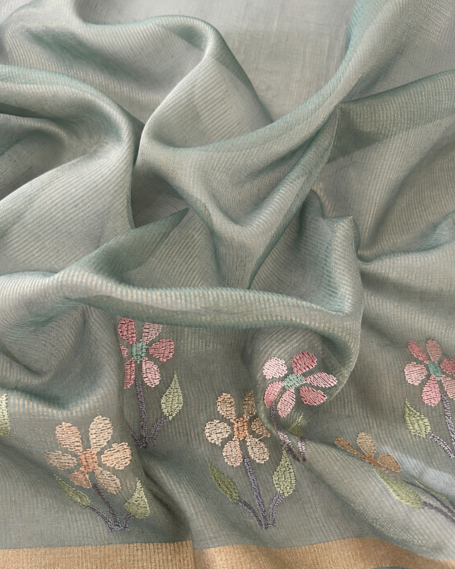 Chanderi Saree with Thread Embroidery Work and Contrast  Border-  Light Blue