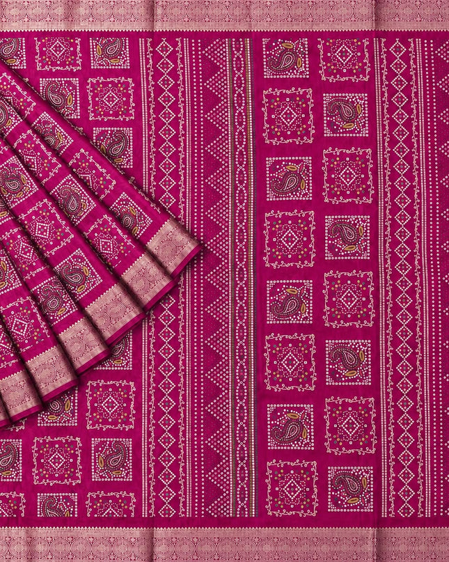 Tusser Silk Saree With Bhandni Print and Golden Border - Magenta