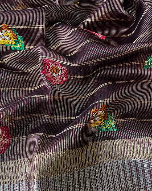 Chanderi Silk saree Cross Stich Work and Golden Border - Purple