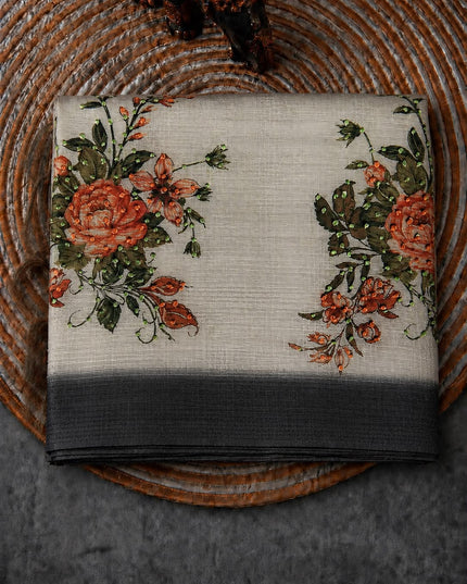 Kota Silk Saree with French Knot Work and Contrast Border  - Grey