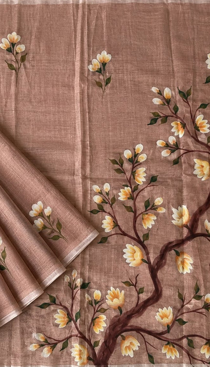 Mul cotton saree with Hand Painting  -  Light Brown