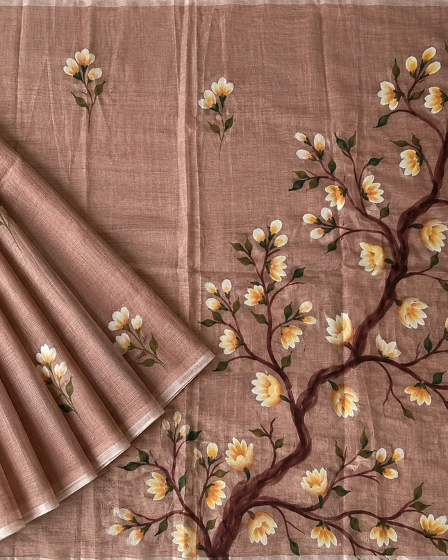 Mul cotton saree with Hand Painting  -  Light Brown