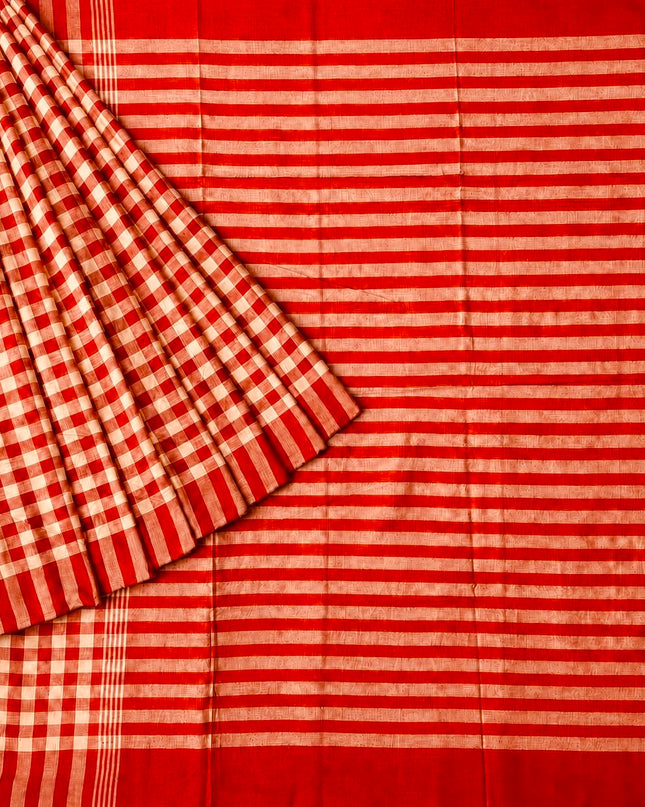 Cotton Saree With Checks Design and Tassels - Orange