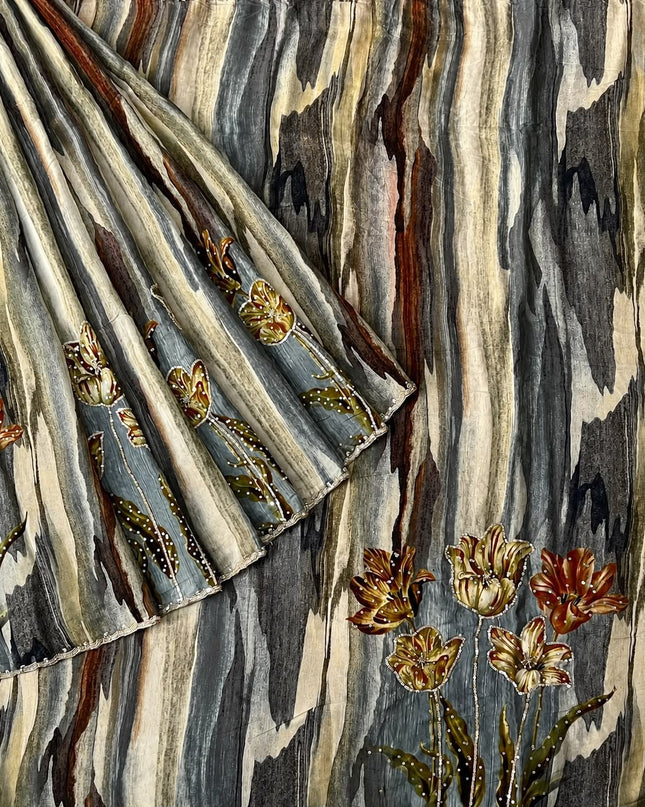 Crepe Saree with Abstract Print  Sequence Border- Grey