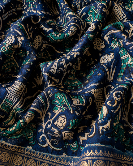 Munga Silk Saree With Floral Print and Kalmkari Border - Sage Green