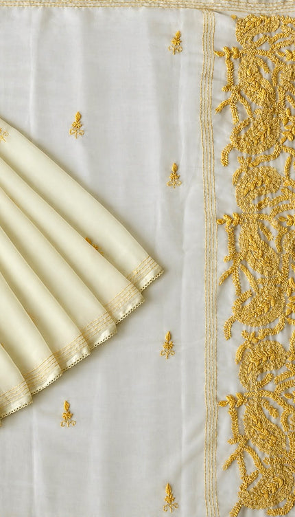 Georgette Saree With All over Kantha Work and Lace Border - Lemon Yellow