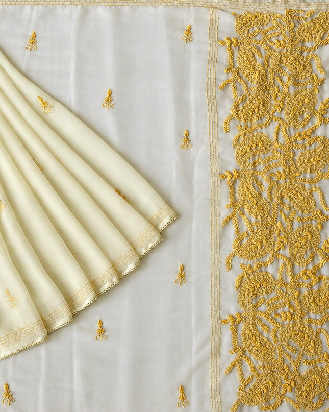 Georgette Saree With All over Kantha Work and Lace Border - Lemon Yellow