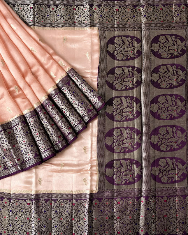 Chiniya Silk Silver and Gold Saree with Contrast Border  - Light Pink