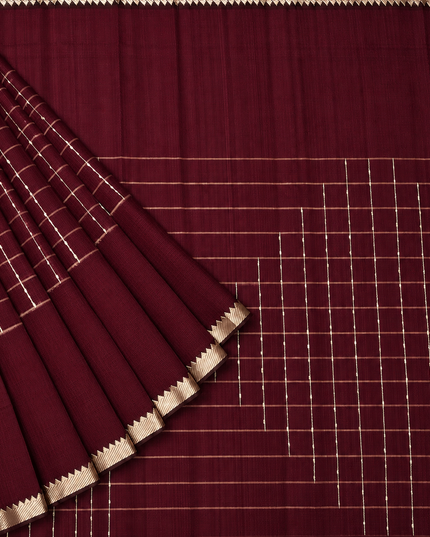 Mangaligiri Silk  Saree with  Thread  Weaving Checks Design and Golden Zari Temple  Border - Maroon