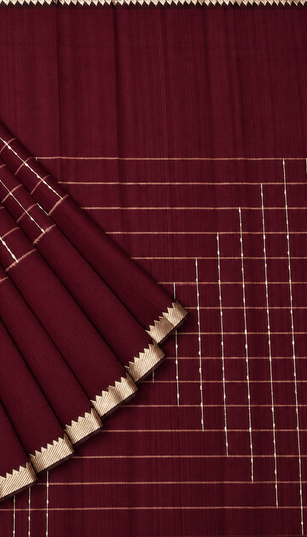 Mangaligiri Silk  Saree with  Thread  Weaving Checks Design and Golden Zari Temple  Border - Maroon