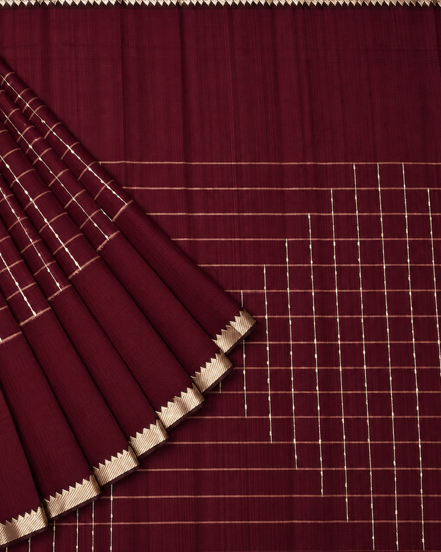 Mangaligiri Silk  Saree with  Thread  Weaving Checks Design and Golden Zari Temple  Border - Maroon