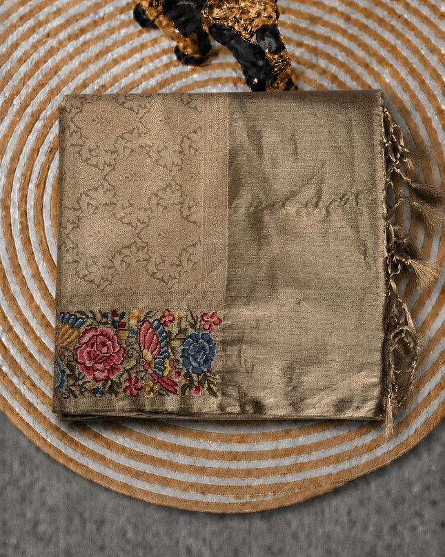 Tissue Banaras Saree with Pet point Border-   Grey & Gold