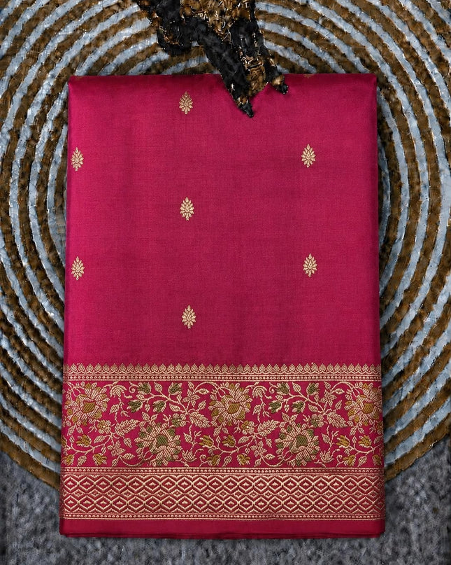 Kathan Silk Saree With All over Golden Buttes and Golden Zari Weaving Border - Rani Pink