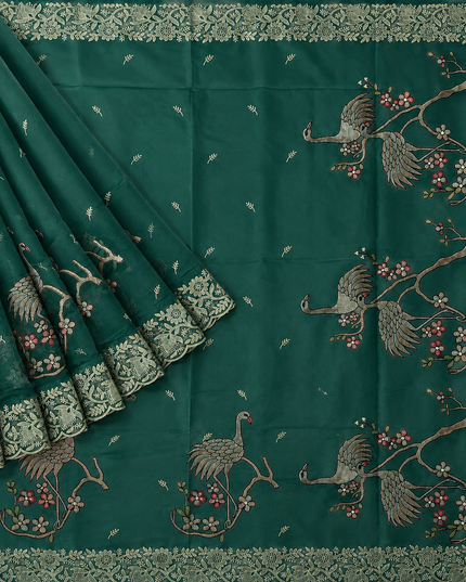 Soft Organza  Saree with Thread Work  and Scallop Border - Light Green