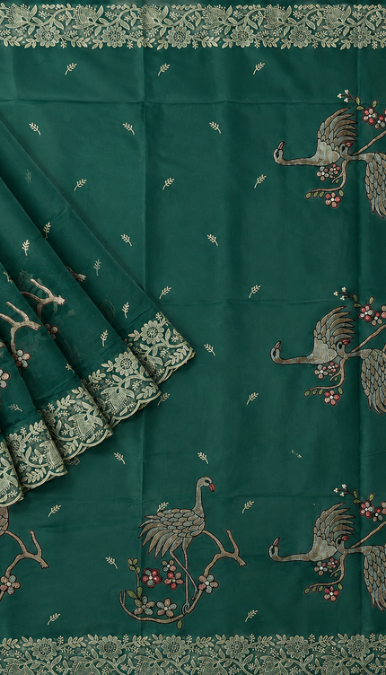 Soft Organza  Saree with Thread Work  and Scallop Border - Light Green