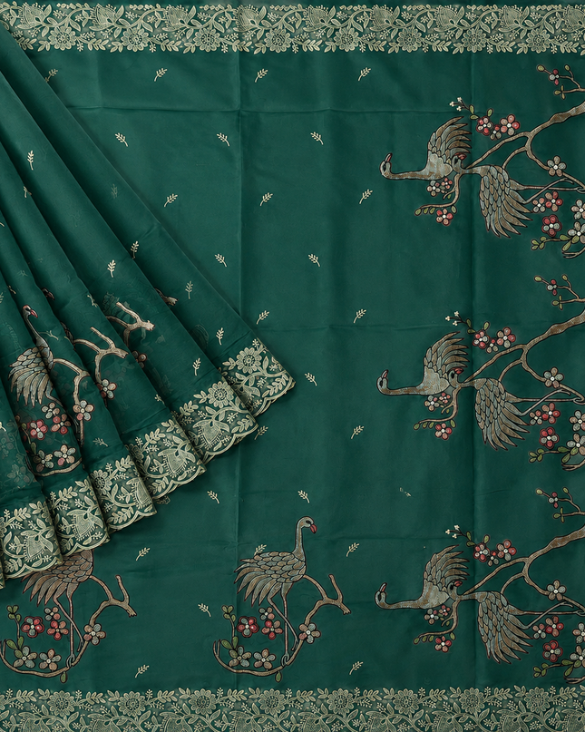 Soft Organza  Saree with Thread Work  and Scallop Border - Light Green