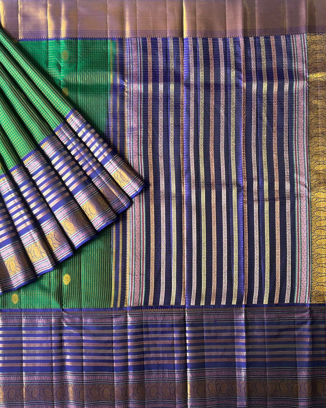 Pure Pattu Saree With Golden Check Weaving and Flower Buttes and Contrast Border -  Bottle Green