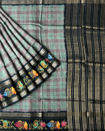 Tusser Silk Saree With Tanjore painting Border - Multi
