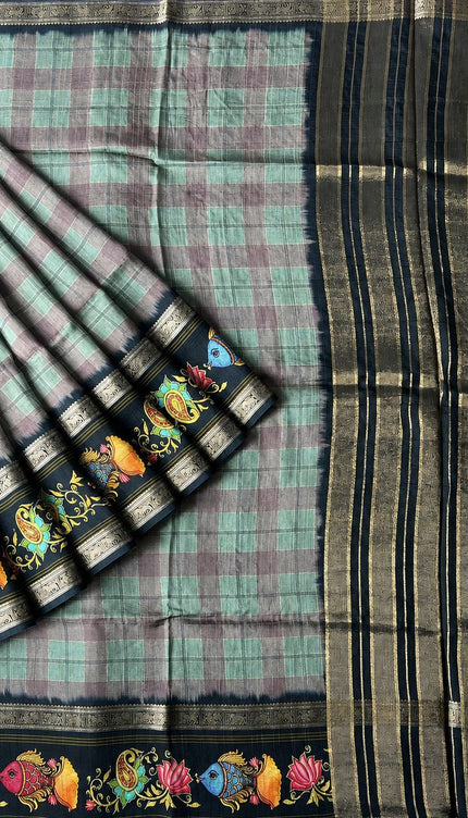 Tusser Silk Saree With Tanjore painting Border - Multi
