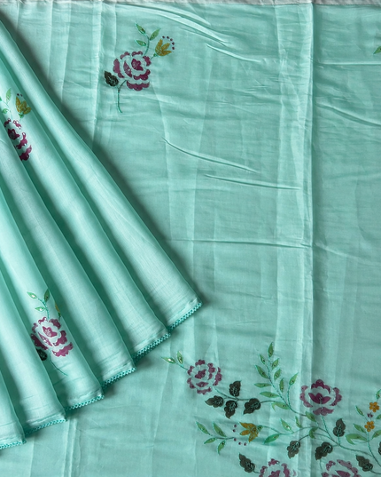 Mul  chanderi saree with  Foral Print and  Ari Work Pearl Border -Light Blue