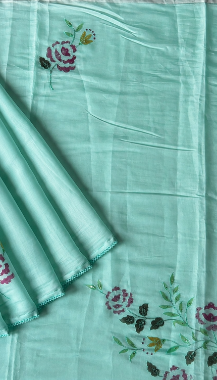Mul  chanderi saree with  Foral Print and  Ari Work Pearl Border -Light Blue