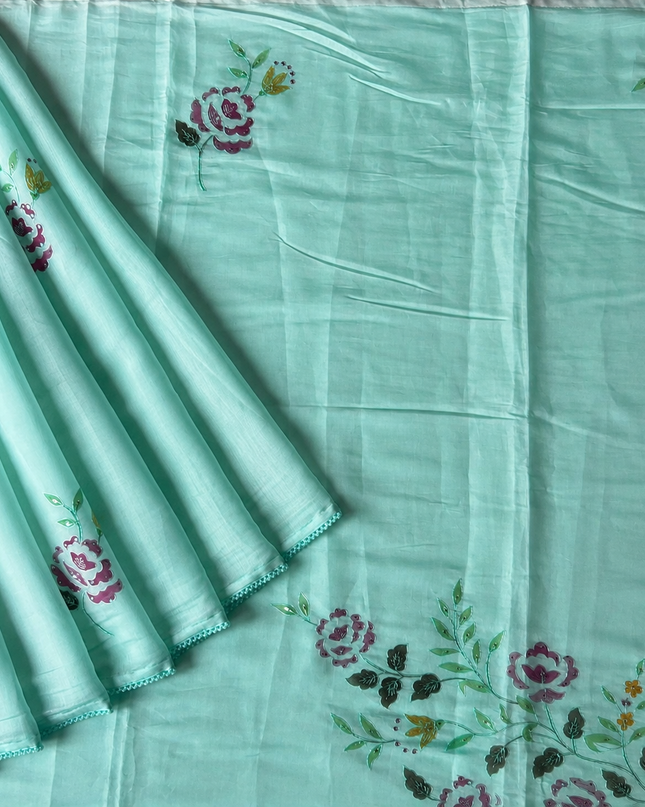 Mul  chanderi saree with  Foral Print and  Ari Work Pearl Border -Light Blue