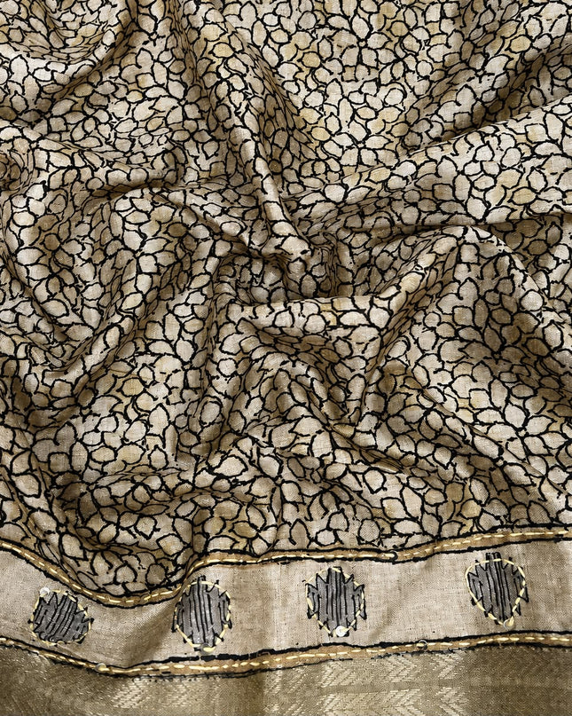 Tusser Silk Saree With Floral Print and Kantha work and Contrast Border - Olive Green
