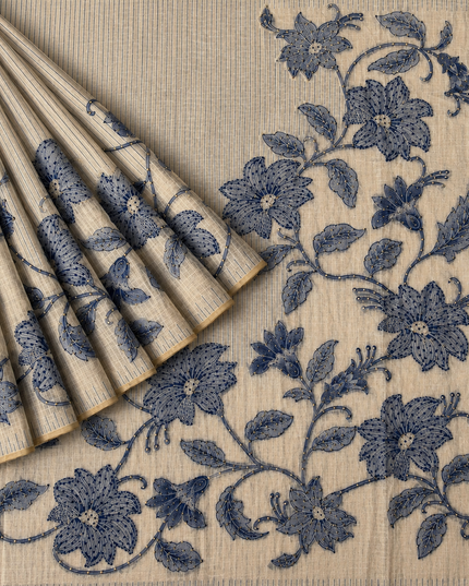 Linen Saree with Floral Print French Knot Work and Kantha Work - Beige & Blue