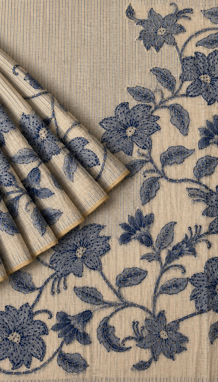 Linen Saree with Floral Print French Knot Work and Kantha Work - Beige & Blue