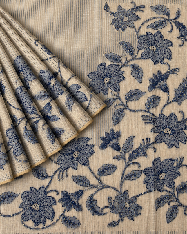Linen Saree with Floral Print French Knot Work and Kantha Work - Beige & Blue