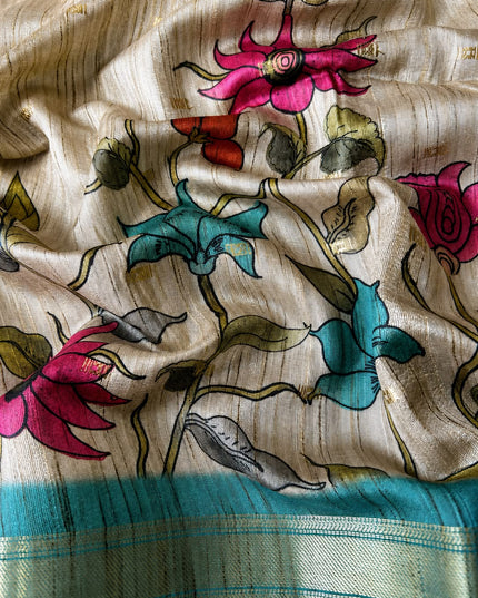 Tusser Saree With Floral Print  and small gold Buttes with and Golden Border  - Sea Green