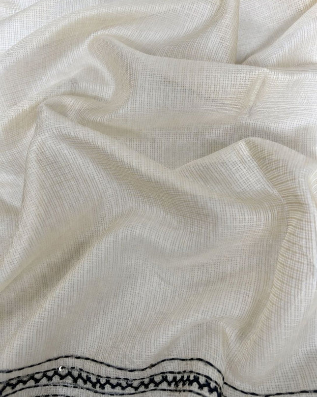 Silk Kota Saree with Katha Work and Small Golden Border- Beige