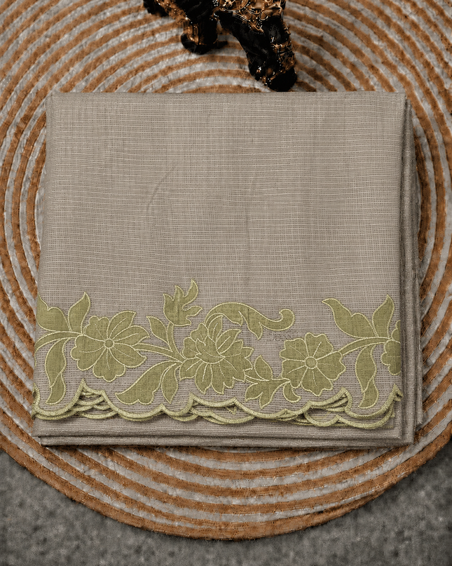 Kota Silk Saree with Contrast  Thread Embroidery Cut Work Border  - Beige & Mehandi Green