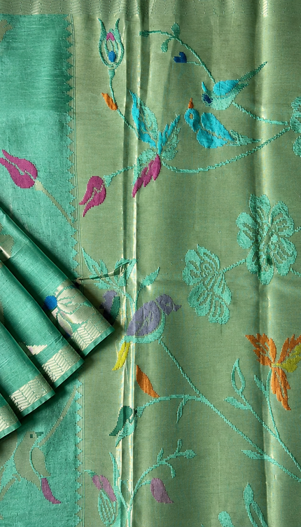 Chanderi  Silk Saree with All over Jamdani weaving style and golden Zari border - Sage Green