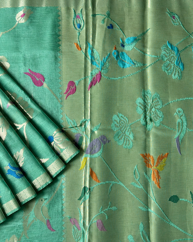Chanderi  Silk Saree with All over Jamdani weaving style and golden Zari border - Sage Green
