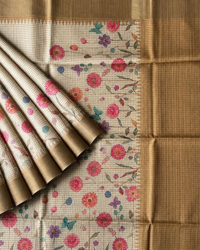 Tusser Silk Saree with Check Design and Contrast Border - Off White