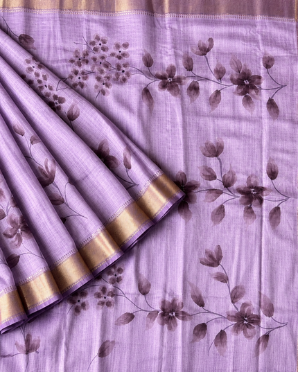 Munga Silk Saree With Floral Print and Kaddi Border -  Lavender