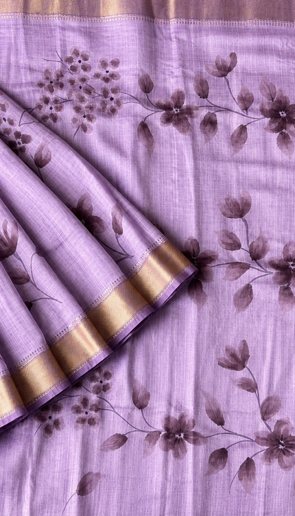 Munga Silk Saree With Floral Print and Kaddi Border -  Lavender