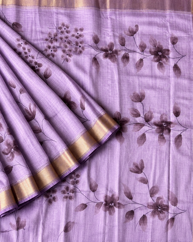 Munga Silk Saree With Floral Print and Kaddi Border -  Lavender