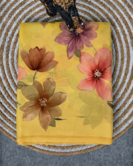 Georgette Saree With Allover Floral Print With Contrast Border - Mustard