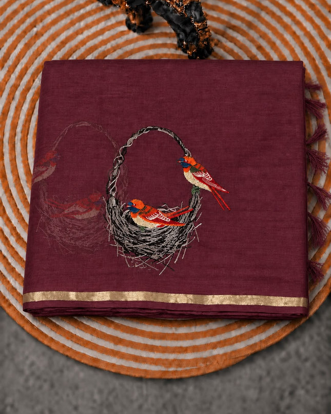 Mul Chanderi saree with thread embroidery Work and Small Border - Wine