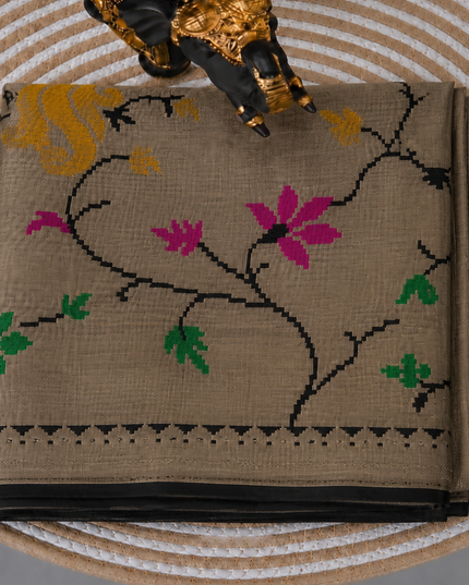 Chanderi  Silk Saree with All over Jamdani weaving style and Muniya border - Black