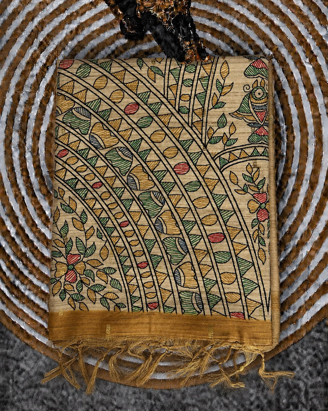 Tusser Saree With Floral Print  and small gold Buttes with and Golden Border  -Mustard