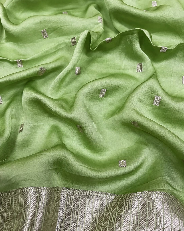 Mashru Banaras Saree with Gold & Silver Buttes and Silver Zari Border  - Green