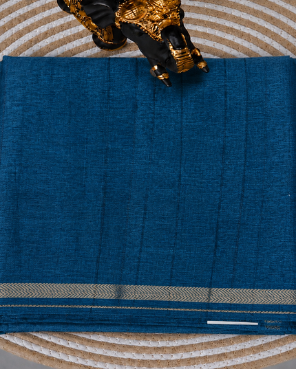 Tusser Silk Saree with Weaving Thread Stripes and  Small Golden Zari Border  - Peacock Blue