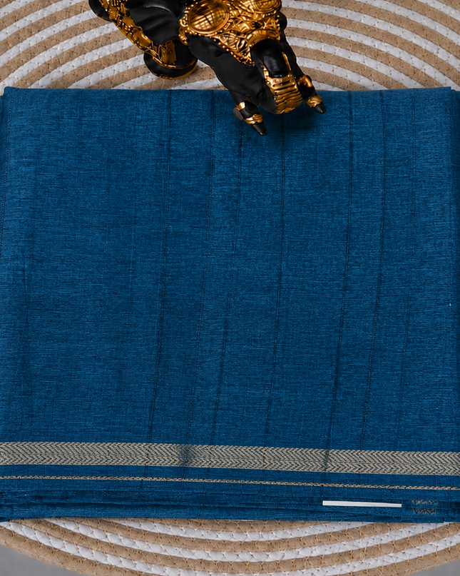 Tusser Silk Saree with Weaving Thread Stripes and  Small Golden Zari Border  - Peacock Blue