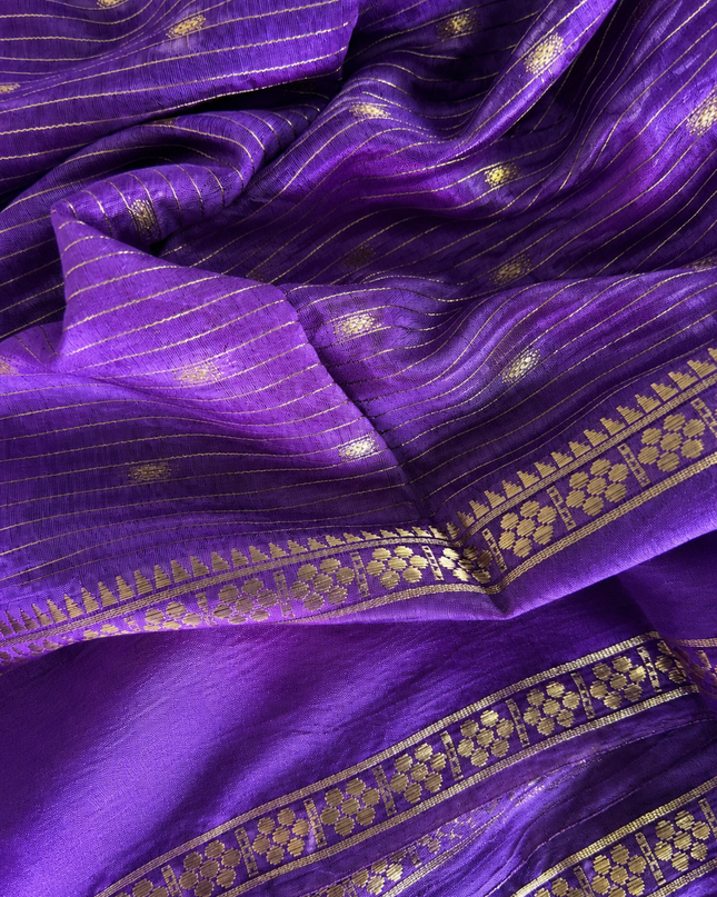 Munga Silk Saree With All over Oosi Design and Small Gold Butties  Contrast Border- Violet & Lavender