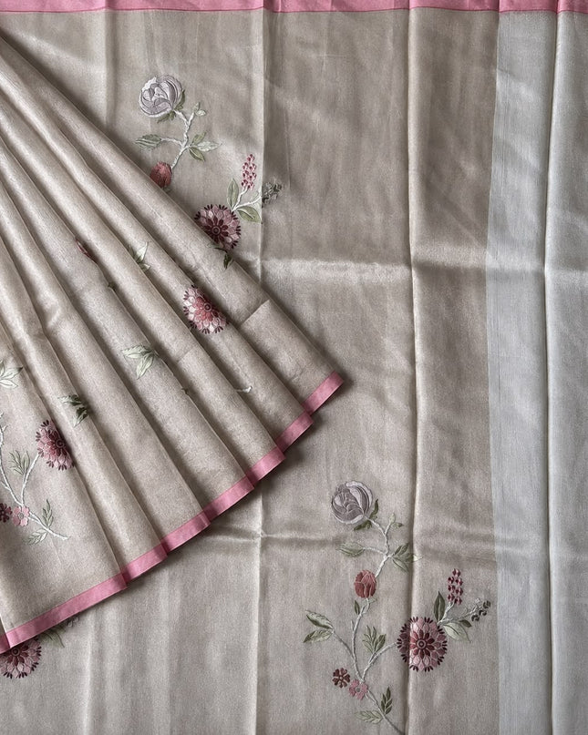 Pure Tissue Saree  with Embroidery Work and  piping border - Gold & Pink