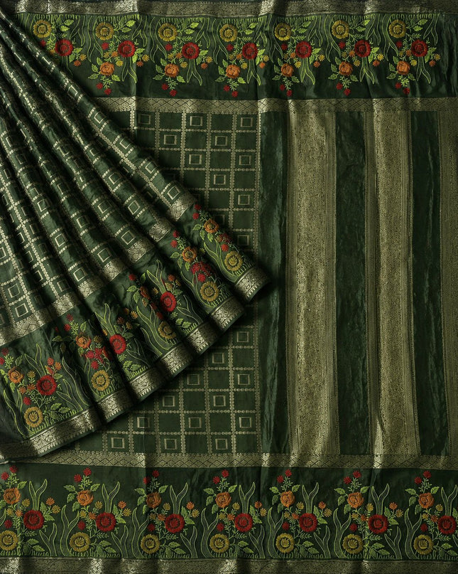 Chinon Crepe Saree With Golden Checks Design and Thread Embroidery Border -  Green